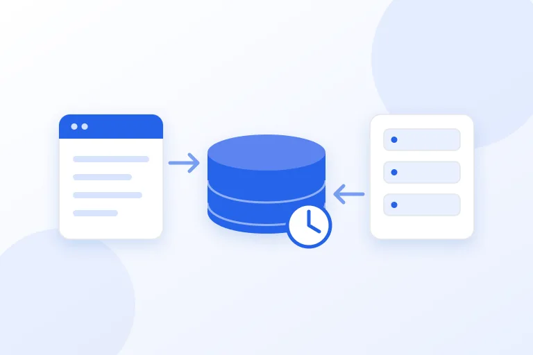 A browser window and a server stack on either side of a database-shaped cache with a clock