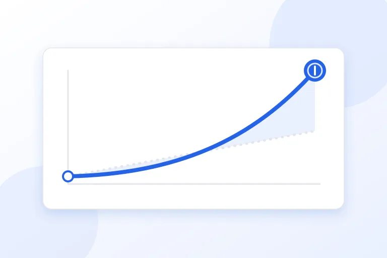 A line chart where a steep compounding curve pulls away from a dotted straight simple-interest line
