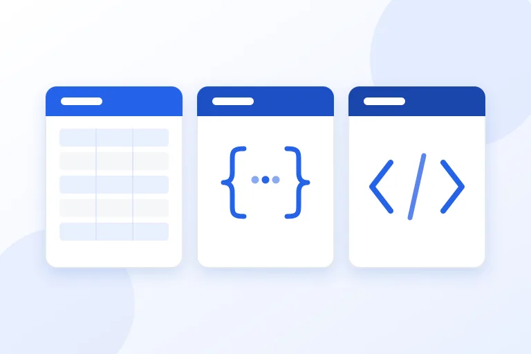 Three cards representing a CSV table, JSON curly braces, and XML angle brackets