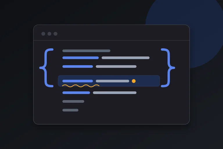 A code editor with a highlighted line containing a JSON syntax error between curly braces