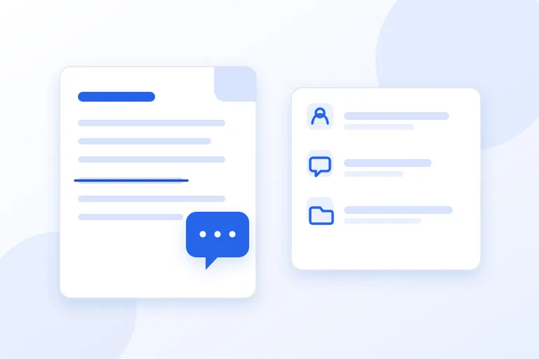 A document page with a struck-out line and a comment bubble beside a panel listing a person, a comment, and a folder