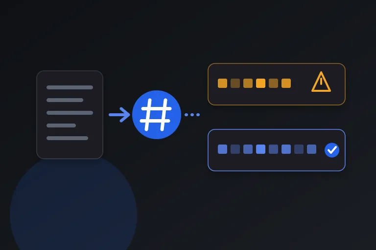 A document passing through a hash symbol into a short warning-marked digest and a longer verified digest