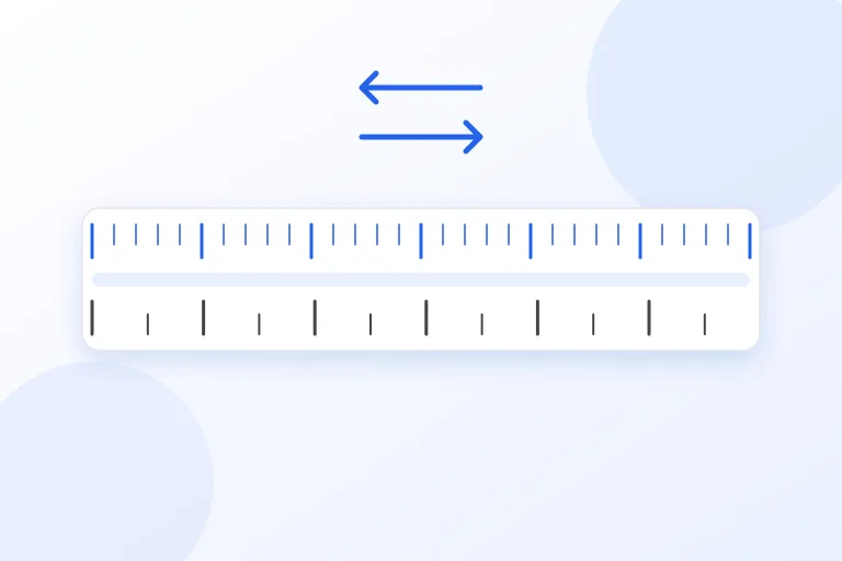 A ruler with centimeter marks along the top edge and inch marks along the bottom, below two opposing arrows