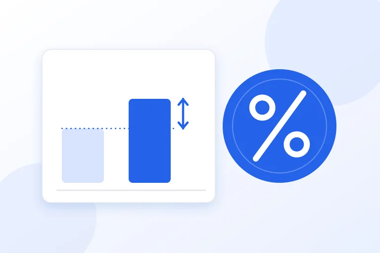 A bar chart with a double-headed arrow marking a difference, beside a large percent sign