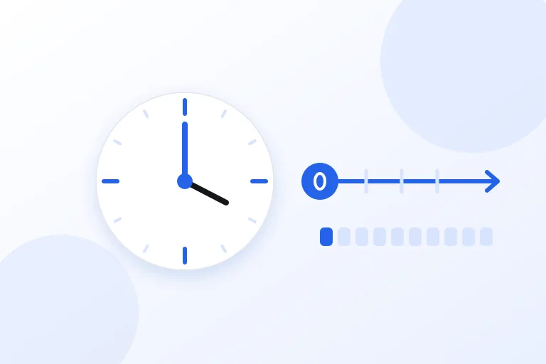 A clock face beside a timeline that starts at zero and counts forward with a row of digit blocks