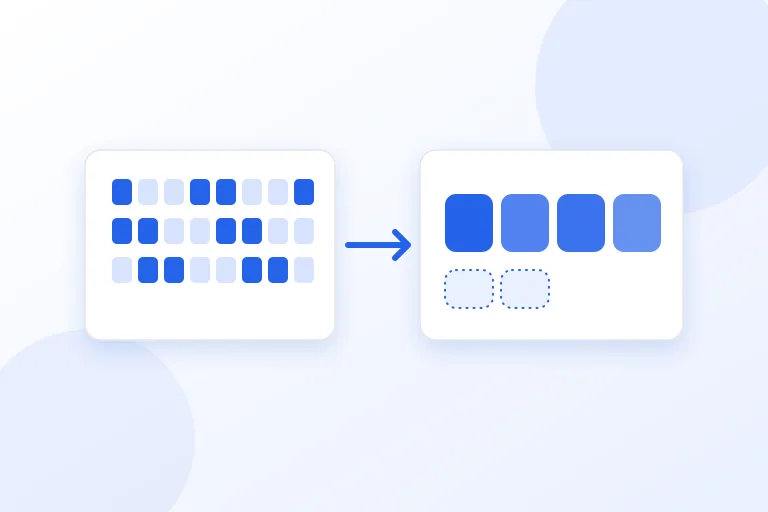 Rows of binary squares with an arrow pointing to four blocks of text characters and two padding slots