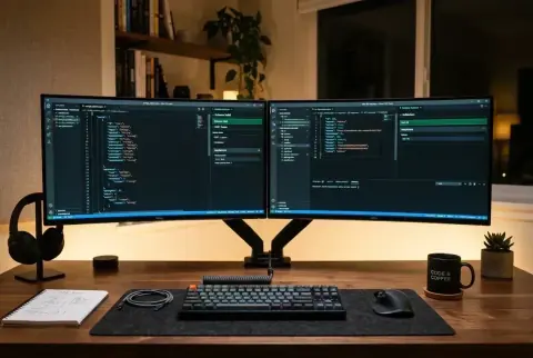 A modern desk with dual curved monitors in a focused digital workspace.